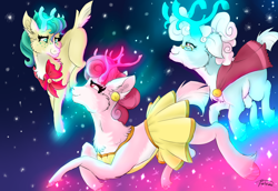 Size: 2900x2000 | Tagged: safe, artist:batrina, imported from derpibooru, alice the reindeer, aurora the reindeer, bori the reindeer, deer, reindeer, best gift ever, christmas, deer magic, flying, group, hearth's warming eve, holiday, magic, night, night sky, pale belly, sky, snow, the gift givers, tree, trio