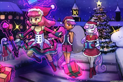 Size: 1125x750 | Tagged: safe, artist:lumineko, imported from derpibooru, apple bloom, diamond tiara, scootaloo, silver spoon, sweetie belle, anthro, unguligrade anthro, apple bloomers, christmas, christmas lights, christmas tree, cutie mark crusaders, gift wrapped, hat, holiday, magic, santa hat, snow, tree