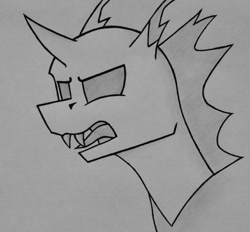 Size: 1024x951 | Tagged: safe, artist:brandall-td-art, imported from derpibooru, changeling, angry, bust, fangs, monochrome, sharp teeth, solo, teeth, tongue out, traditional art