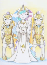 Size: 1038x1436 | Tagged: safe, artist:ravenpuff, imported from derpibooru, princess celestia, anthro, unguligrade anthro, clothes, dress, finger hooves, royal guard, traditional art, yoni