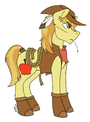 Size: 1590x2154 | Tagged: safe, artist:phobicalbino, imported from derpibooru, braeburn, earth pony, pony, boots, clothes, cowboy hat, feather in hair, hat, male, rope, scar, shoes, simple background, solo, stallion, straw in mouth, tail wrap, white background