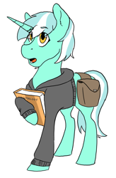 Size: 1439x2200 | Tagged: safe, artist:phobicalbino, imported from derpibooru, lyra heartstrings, pony, unicorn, book, clothes, dig the swell hoodie, female, hoodie, hoof hold, mare, saddle bag, simple background, solo, white background