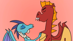 Size: 1717x966 | Tagged: safe, artist:noidavaliable, edit, imported from derpibooru, garble, princess ember, dragon, emble, eyes closed, female, imminent kissing, male, shipping, straight