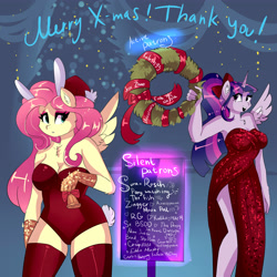 Size: 4000x4000 | Tagged: safe, artist:xjenn9, imported from derpibooru, fluttershy, twilight sparkle, alicorn, anthro, bunny suit, chest fluff, christmas, christmas tree, christmas wreath, cleavage fluff, clothes, dress, hat, holiday, ponytail, santa hat, side slit, total sideslit, tree, twilight sparkle (alicorn), wreath