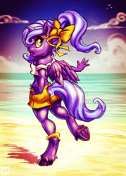 Size: 1600x2240 | Tagged: safe, artist:kp-shadowsquirrel, imported from derpibooru, princess luna, anthro, unguligrade anthro, beach, clothes, digital art, female, looking back, mare, solo, swimsuit, tail, tail hole