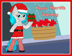 Size: 1650x1275 | Tagged: safe, artist:toonboy92484, imported from derpibooru, oc, oc only, oc:marigold earth tulip hosta, crystal pony, christmas, clothes, costume, hearth's warming, holiday, poinsettia, present, santa costume