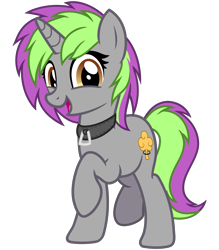 Size: 2800x3200 | Tagged: safe, artist:cheezedoodle96, imported from derpibooru, oc, oc only, oc:frenzy nuke, pony, unicorn, 2020 community collab, derpibooru community collaboration, .svg available, collar, female, looking at you, mare, raised hoof, simple background, smiling, solo, svg, transparent background, vector