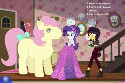 Size: 1053x702 | Tagged: safe, edit, edited screencap, imported from derpibooru, screencap, applejack, fluttershy, posey, rarity, sunset shimmer, wooyoo, costume conundrum, costume conundrum: applejack, equestria girls, equestria girls series, spoiler:eqg series (season 2), bow, bulk biceps' home, cropped, fake fangs, g1, g1 to g4, g4, generation leap, horse costume, photo, quadsuit, ripped pants, seven songs and a story, silly, silly pony, song reference, tail bow, two-person costume, vampire shimmer, who's a silly pony