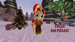 Size: 1024x576 | Tagged: safe, artist:juanjobelic, imported from derpibooru, sunset shimmer, pony, unicorn, 3d, christmas, deviantart watermark, female, holiday, looking at you, mare, obtrusive watermark, smiling, solo, source filmmaker, spanish, watermark