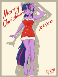 Size: 2840x3786 | Tagged: safe, artist:danli69, imported from derpibooru, twilight sparkle, anthro, unguligrade anthro, unicorn, armpits, bedroom eyes, christmas, clothes, dress, female, holiday, looking at you, mare, mistletoe, no pupils, sexy, solo, unicorn twilight