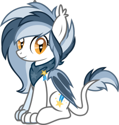 Size: 857x897 | Tagged: safe, artist:lightningbolt, derpibooru exclusive, imported from derpibooru, oc, oc only, oc:cobalt comet, hybrid, pony, 2020 community collab, derpibooru community collaboration, .svg available, bat wings, clothes, ear fluff, fangs, female, folded wings, happy, leonine tail, looking at you, paws, scarf, show accurate, simple background, sitting, slit eyes, slit pupils, smiling, solo, svg, transparent background, vector, wings