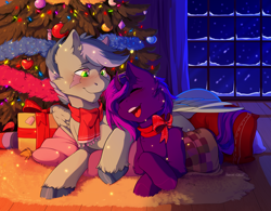 Size: 3145x2457 | Tagged: safe, artist:hakkids2, imported from derpibooru, oc, oc only, oc:tihan, oc:zuthal, monster pony, original species, tatzlpony, unicorn, blushing, bow, christmas, christmas lights, christmas presents, christmas tree, clothes, cuddling, happy, holiday, lying down, night, oc x oc, open mouth, scarf, shipping, snow, tinsel, tree, unshorn fetlocks, zuhan