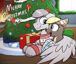 Size: 2609x2193 | Tagged: safe, artist:selenophile, imported from derpibooru, oc, oc only, oc:canvas, oc:seleno, deer, pegasus, pony, candy, candy cane, christmas, christmas tree, clothes, cute, female, fireplace, gay, holiday, hug, intersex, male, present, quadrupedal, socks, stallion, sweater, trans female, transgender, tree, unshorn fetlocks, winghug