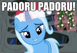 Size: 670x457 | Tagged: safe, imported from derpibooru, trixie, pony, christmas, female, golden oaks library, hat, holiday, mistletoe, padoru, santa hat, solo