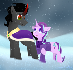 Size: 1000x950 | Tagged: safe, artist:enigmadoodles, imported from derpibooru, king sombra, starlight glimmer, pony, unicorn, fanfic:shadow of a doubt, duo, snow