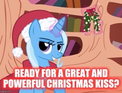 Size: 655x499 | Tagged: safe, imported from derpibooru, trixie, pony, unicorn, bronybait, cape, christmas, clothes, female, glowing horn, golden oaks library, great and powerful, hat, hearth's warming, holiday, horn, levitation, magic, magic aura, mare, mistletoe, santa hat, solo, telekinesis, this will end in kisses