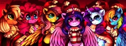 Size: 1920x713 | Tagged: safe, artist:rocioam7, imported from derpibooru, applejack, fluttershy, pinkie pie, rainbow dash, rarity, twilight sparkle, alicorn, earth pony, pegasus, pony, unicorn, christmas, clothes, female, hat, holiday, santa hat, smiling, socks, striped socks, twilight sparkle (alicorn)