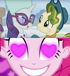 Size: 828x906 | Tagged: safe, edit, edited screencap, imported from derpibooru, screencap, pinkie pie, pistachio, rarity, pony, unicorn, best gift ever, coinky-dink world, eqg summertime shorts, equestria girls, female, heart eyes, male, meme, pinkie's eyes, raristachio, shipping, straight, wingding eyes