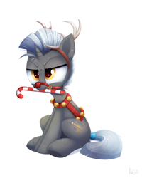 Size: 2400x3000 | Tagged: safe, artist:confetticakez, imported from derpibooru, part of a set, oc, oc only, oc:scope, pony, unicorn, angry, animal costume, annoyed, antlers, candy, candy cane, clothes, commission, costume, cute, food, grumpy, harness, male, ocbetes, red nose, reindeer antlers, reindeer costume, royal guard, rudolph nose, simple background, sitting, solo, stallion, tack, white background, ych result