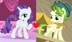 Size: 1238x720 | Tagged: safe, edit, edited screencap, imported from derpibooru, screencap, pistachio, rarity, best gift ever, green isn't your color, female, male, raristachio, shipping, shipping domino, straight