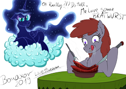 Size: 842x595 | Tagged: safe, artist:bonaxor, imported from derpibooru, oc, oc:lukida, oc:princess dream, bat pony, pony, bratwurst, cloud, derp, female, food, mare, meat, ponies eating meat, simple background, transparent background