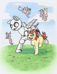 Size: 1563x2013 | Tagged: safe, artist:ravenpuff, imported from derpibooru, oc, oc only, oc:engel, oc:tinker, flutter pony, pony, robot, robot pony, comic:engel's baby, female, filly, traditional art