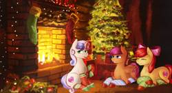 Size: 2970x1620 | Tagged: safe, artist:dukevonkessel, imported from derpibooru, apple bloom, scootaloo, sweetie belle, earth pony, pegasus, pony, unicorn, apple bloom's bow, bow, christmas, christmas lights, christmas stocking, christmas tree, clothes, cutie mark crusaders, eyes closed, female, filly, fireplace, hair bow, holiday, open mouth, prone, sitting, smiling, socks, tree, trio