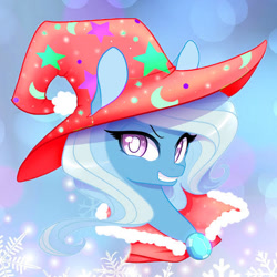 Size: 554x554 | Tagged: source needed, safe, artist:lolopan, edit, imported from derpibooru, trixie, pony, unicorn, bust, christmas, cute, diatrixes, female, grin, hat, holiday, mare, portrait, smiling, solo