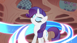 Size: 2880x1620 | Tagged: safe, imported from derpibooru, screencap, rarity, pony, unicorn, sonic rainboom (episode), eyes closed, female, golden oaks library, magic, mare