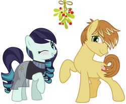 Size: 2085x1725 | Tagged: safe, imported from derpibooru, coloratura, feather bangs, christmas, colorabangs, female, hearth's warming, holiday, male, mistleholly, romantic, shipping, shipping fuel, smiling, straight