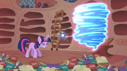 Size: 2880x1620 | Tagged: safe, imported from derpibooru, screencap, twilight sparkle, pony, unicorn, sonic rainboom (episode), book, bookshelf, eyes closed, female, golden oaks library, ladder, magic, mare, straining, unicorn twilight