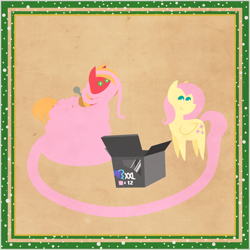 Size: 2000x2000 | Tagged: safe, anonymous artist, imported from derpibooru, big macintosh, fluttershy, pony, series:12 days of hearth's warming, series:fm holidays, 12 days of christmas, border, box, butt, christmas, female, fluttermac, hearth's warming, holiday, impossibly long tail, looking at you, looking back, male, plot, pointy ponies, shipping, snow, straight, tail extensions, texture, twelve days of christmas