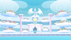 Size: 2880x1620 | Tagged: safe, imported from derpibooru, screencap, cloud kicker, derpy hooves, dizzy twister, endless clouds, high spirits, lightning bolt, lyra heartstrings, merry may, orange swirl, parasol, rainbowshine, rosewing, sassaflash, spring melody, sprinkle medley, white lightning, wing wishes, pegasus, pony, unicorn, sonic rainboom (episode), audience, background pony, background pony audience, cheering, cloud, cloudiseum, female, mare, multeity, self ponidox, stadium, statue