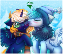 Size: 800x682 | Tagged: safe, artist:cabbage-arts, imported from derpibooru, oc, oc only, oc:scirocco seaspray, oc:time vortex (kaifloof), oc:time vortex (th3bluerose), alicorn, pegasus, alicorn oc, beanie, christmas, clothes, commission, commissioner:iguessimabronynow, duo, glasses, hat, holiday, horn, male, mistletoe, oc x oc, pegasus oc, scarf, shipping, timocco, ych result