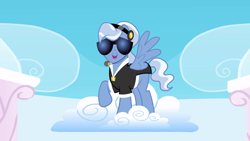 Size: 2880x1620 | Tagged: safe, imported from derpibooru, screencap, madden, pegasus, pony, sonic rainboom (episode), clothes, cloud, looking at you, male, stallion, standing on a cloud, standing on cloud, sunglasses