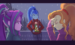 Size: 1100x669 | Tagged: safe, artist:grissaecrim, artist:raikoh, imported from derpibooru, adagio dazzle, aria blaze, sonata dusk, equestria girls, christmas, christmas sweater, clothes, cute, female, holiday, snow, snowfall, sonatabetes, sweater, the dazzlings