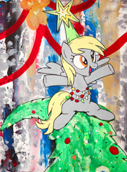 Size: 1400x1903 | Tagged: safe, artist:aquilateagle, imported from derpibooru, derpy hooves, a hearth's warming tail, cute, derpabetes, derpy star, hearth's warming tree, painting, scene interpretation, tree, twilight's castle