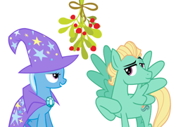 Size: 1042x756 | Tagged: safe, edit, imported from derpibooru, trixie, zephyr breeze, christmas, female, holiday, male, mistleholly, shipping, straight, trixbreeze