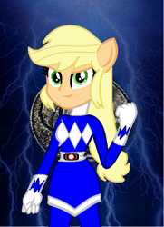 Size: 516x714 | Tagged: safe, artist:cam-and-sister-paint, imported from derpibooru, applejack, equestria girls, blue ranger, female, kyoryu sentai zyuranger, mighty morphin power rangers, ponied up, power rangers, solo, triceraranger