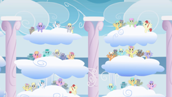 Size: 2880x1620 | Tagged: safe, imported from derpibooru, screencap, cloud kicker, cool star, cream tangerine, derpy hooves, dizzy twister, lightning bolt, merry may, orange swirl, parasol, rainbowshine, sassaflash, spring melody, sprinkle medley, starburst (character), sunshower raindrops, white lightning, wing wishes, pegasus, pony, season 1, sonic rainboom (episode), audience, background pony, background pony audience, cloud, cloudiseum, female, looking up, male, mare, multeity, sitting, spread wings, stallion, stands, wings