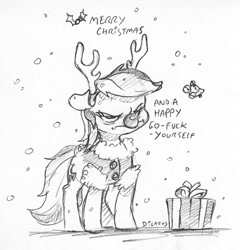 Size: 1557x1619 | Tagged: safe, artist:dilarus, deleted from derpibooru, imported from derpibooru, rainbow dash, pegasus, pony, antlers, christmas, christmas spirit, dialogue, female, holiday, mare, monochrome, present, rainbow dash is not amused, red nose, reindeer antlers, simple background, smoldash, snow, snowfall, traditional art, unamused, vulgar, white background