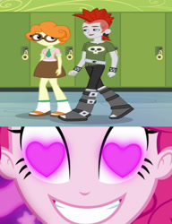 Size: 1846x2400 | Tagged: safe, edit, edited screencap, imported from derpibooru, screencap, crimson napalm, pinkie pie, scribble dee, coinky-dink world, eqg summertime shorts, equestria girls, equestria girls series, exploitable meme, glasses, heart eyes, meme, mowhawk, necktie, pinkie's eyes, scribblenapalm, shipping, shipping domino, wingding eyes, wristband