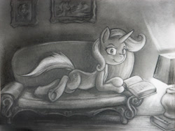 Size: 1600x1200 | Tagged: safe, artist:darkdoomer, imported from derpibooru, trixie, pony, unicorn, bedroom eyes, book, couch, female, lamp, looking at you, mare, monochrome, picture frame, prone, reading, solo, traditional art