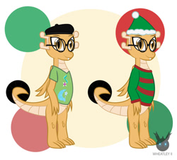 Size: 1385x1257 | Tagged: safe, artist:wheatley r.h., derpibooru exclusive, imported from derpibooru, oc, oc only, oc:myoozik the dragon, dragon, beret, christmas, clothes, cutie mark, cutie mark on clothes, dragon oc, female, glasses, happy, hat, holiday, melody the dragoness, rule 63, shirt, simple background, solo, sweater, vector, watermark