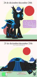 Size: 1435x2909 | Tagged: safe, artist:wheatley r.h., derpibooru exclusive, imported from derpibooru, oc, oc only, oc:w. rhinestone eyes, changeling, 2 panel comic, bat wings, belly, blue changeling, changeling oc, changeling overfeeding, christmas, christmas changeling, comic, cup, december, eyes closed, fat, happy, hat, holiday, horn, implied oc, plate, simple background, sleeping, solo, spanish, speech bubble, standing, stuffed, stuffed belly, translated in the comments, vector, watermark, weight gain, wings