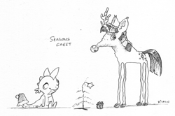 Size: 1986x1316 | Tagged: safe, artist:dilarus, deleted from derpibooru, imported from derpibooru, spike, twilight sparkle, dragon, pony, unicorn, comic:the many faces of twilight sparkle, christmas, christmas presents, christmas tree, female, hat, holiday, male, mare, monochrome, not salmon, present, santa hat, simple background, stars, traditional art, tree, wat, white background