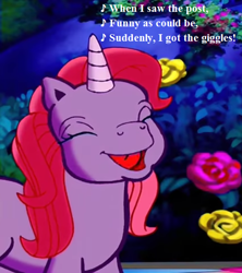 Size: 512x576 | Tagged: safe, edit, edited screencap, imported from derpibooru, screencap, cheerilee (g3), pony, unicorn, a very pony place, come back lily lightly, cheeribetes, cropped, cute, eyes closed, female, flower, g3, g3 cheeribetes, get the giggles, laughing, lyrics, mare, reaction image, song reference, text