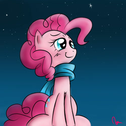 Size: 1000x1000 | Tagged: safe, artist:celine-artnsfw, imported from derpibooru, pinkie pie, earth pony, pony, clothes, cute, diapinkes, female, lidded eyes, mare, night, scarf, sitting, sky, smiling, solo, stars