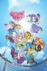 Size: 1186x1800 | Tagged: safe, artist:pencils, edit, editor:rmzero, idw, imported from derpibooru, applejack, fluttershy, pinkie pie, rainbow dash, rarity, sci-twi, sunset shimmer, twilight sparkle, equestria girls, spoiler:comic, armpits, boots, clothes, cloud, comic cover, converse, cute, dress, humane five, humane seven, humane six, jumping, leather, leather boots, march radness, pantyhose, ribbon sandals, shoes, skirt, sky, sneakers, sun, tanktop, tights, trampoline