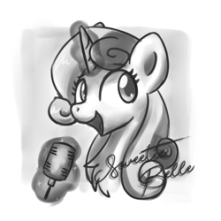 Size: 2048x2048 | Tagged: safe, artist:sugar morning, imported from derpibooru, sweetie belle, pony, unicorn, black and white, bust, chest fluff, doodle, female, grayscale, high res, magic, magic aura, mare, microphone, monochrome, older, older sweetie belle, portrait, simple background, singing, sketch, solo, text, white background